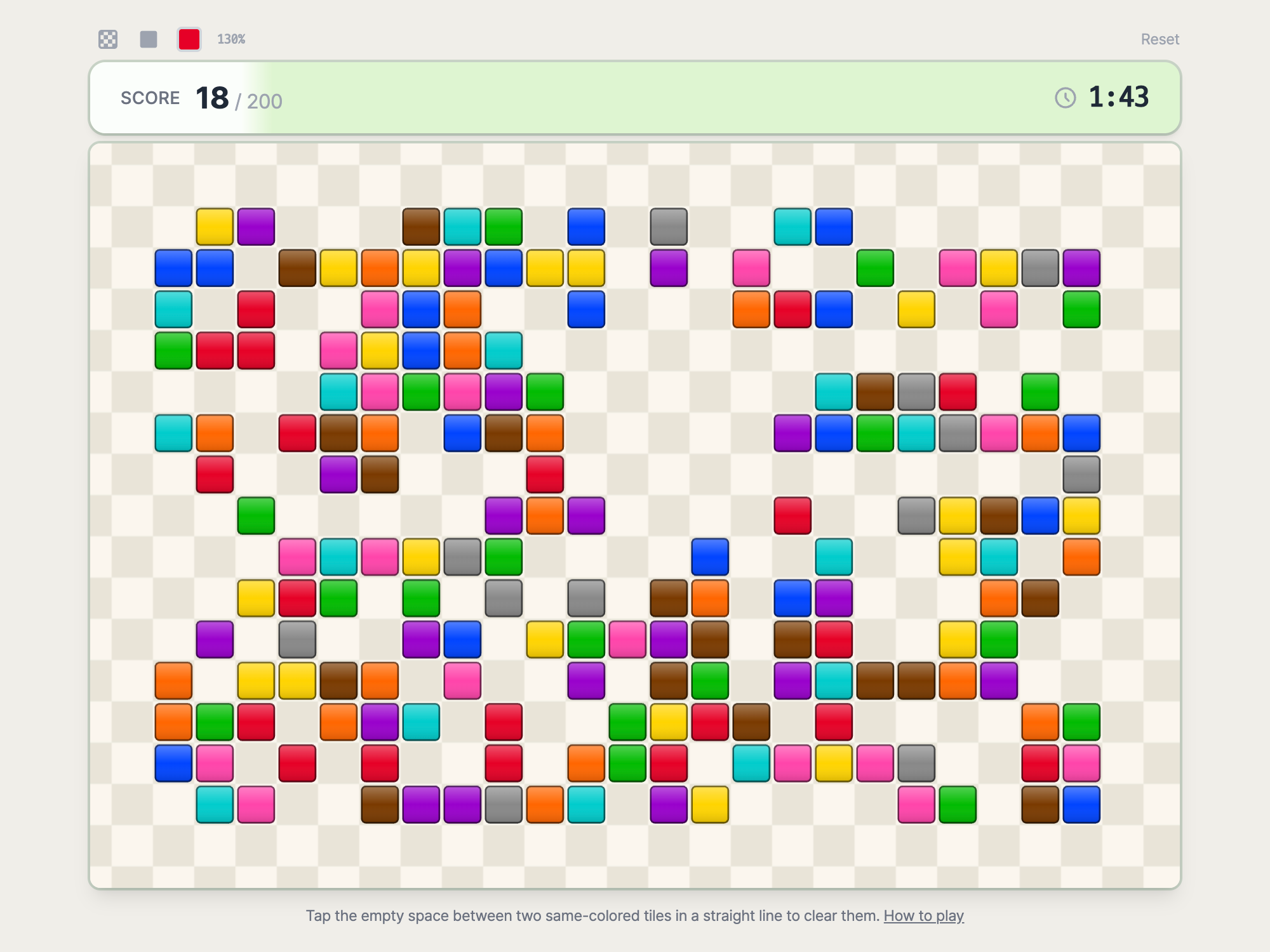 ColorTiles+ board fills with colored tiles; click empty cells to clear matching-color line pairs.