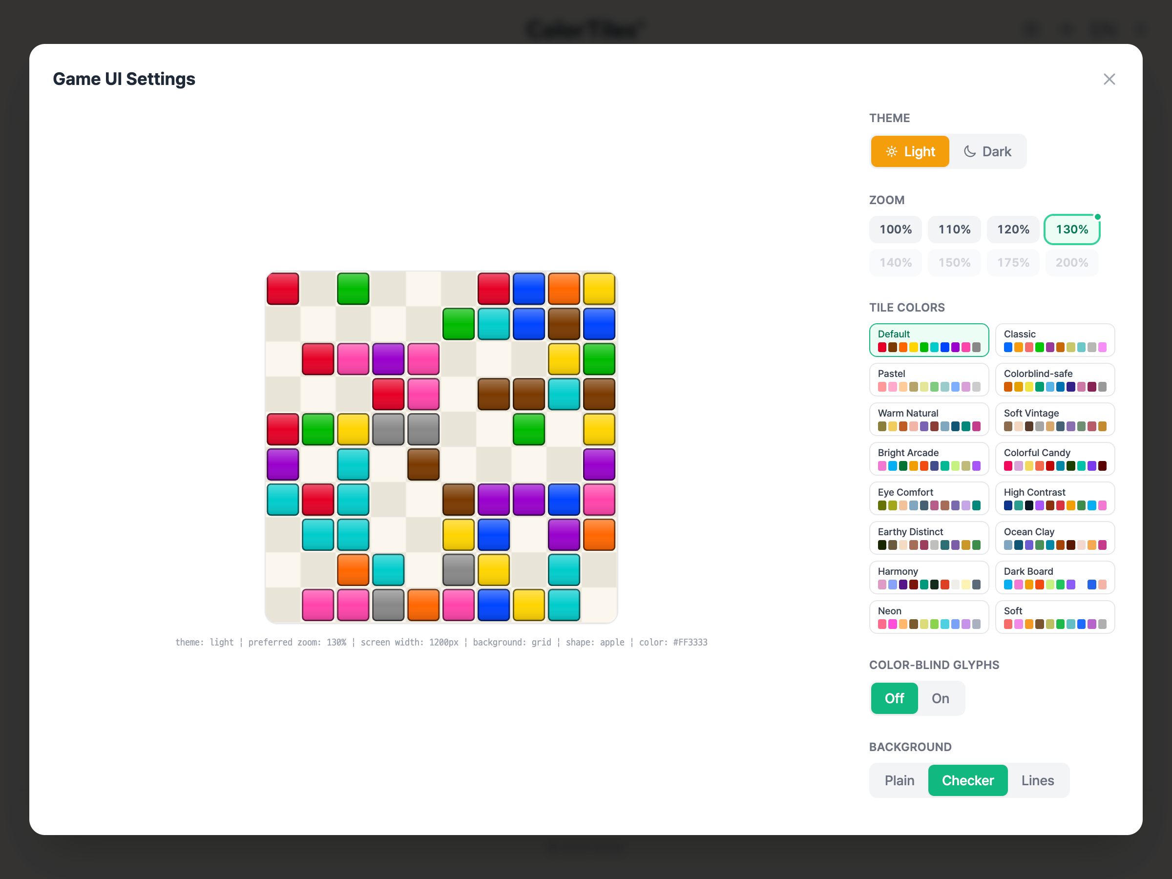 ColorTiles+ settings panel showing palette, theme, and sound options.